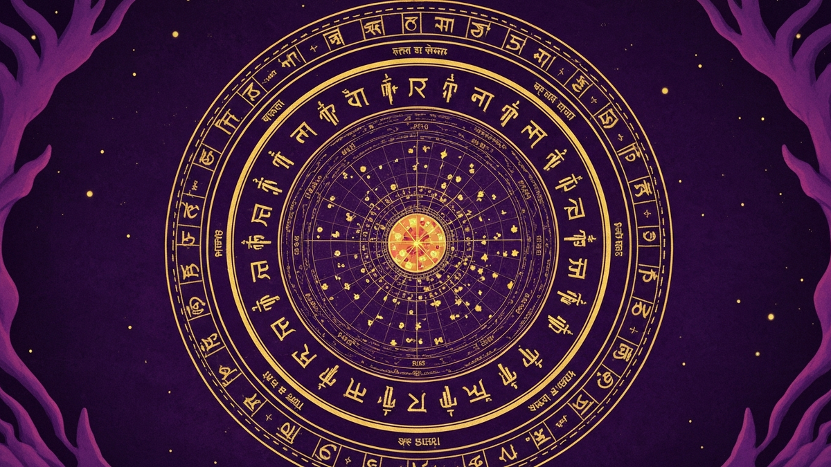 Карма по дате рождения - колесо кармы с санскритскими символами и натальной картой