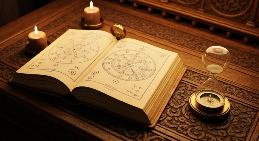Древняя книга с ведическими диаграммами натальной карты - судьба по дате рождения