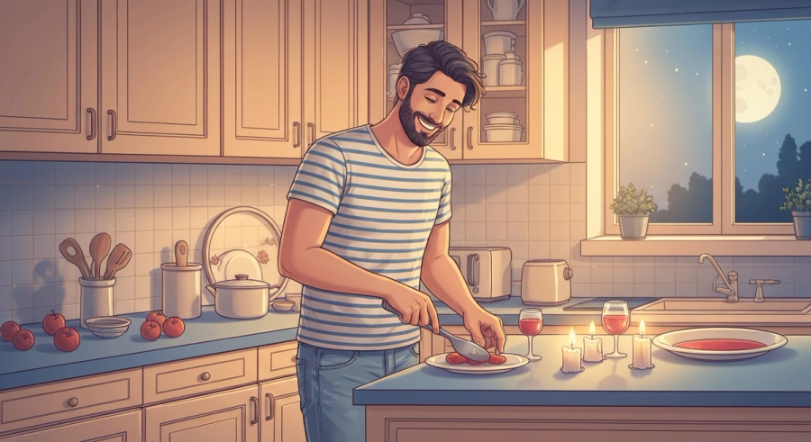 Cancer man cooking romantic dinner at home with warm candlelight and moonlight