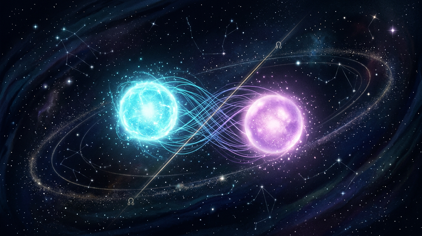 Two glowing cosmic orbs joined by threads of light along a karmic node axis, illustrating soulmate astrology