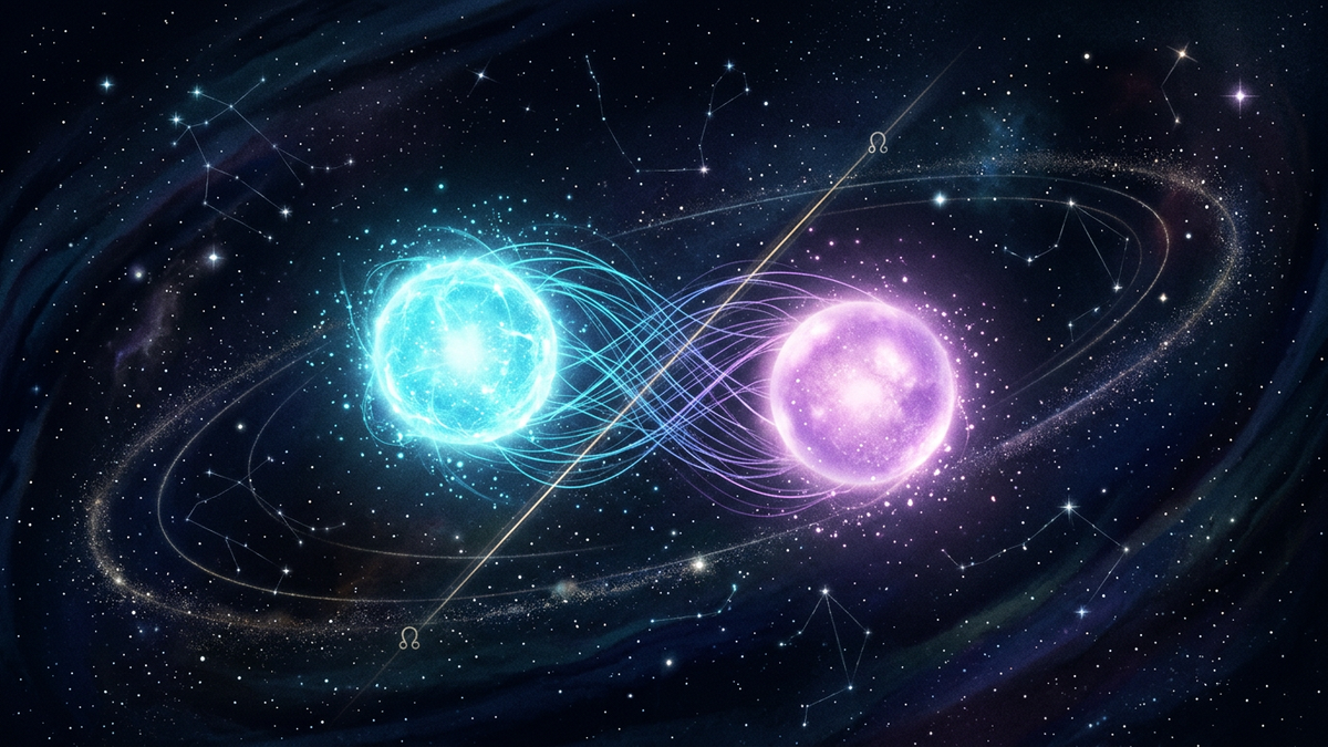 Two glowing cosmic orbs joined by threads of light along a karmic node axis, illustrating soulmate astrology