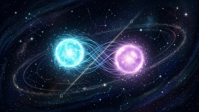 Two glowing cosmic orbs joined by threads of light along a karmic node axis, illustrating soulmate astrology