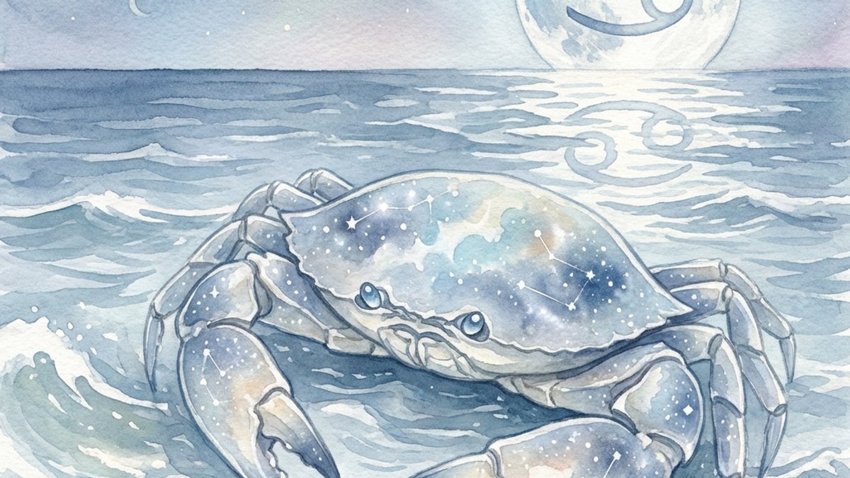 Cancer zodiac symbol illustration showing celestial crab emerging from moonlit ocean waves with constellation stars