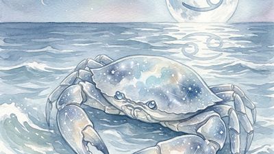 Cancer zodiac symbol illustration showing celestial crab emerging from moonlit ocean waves with constellation stars