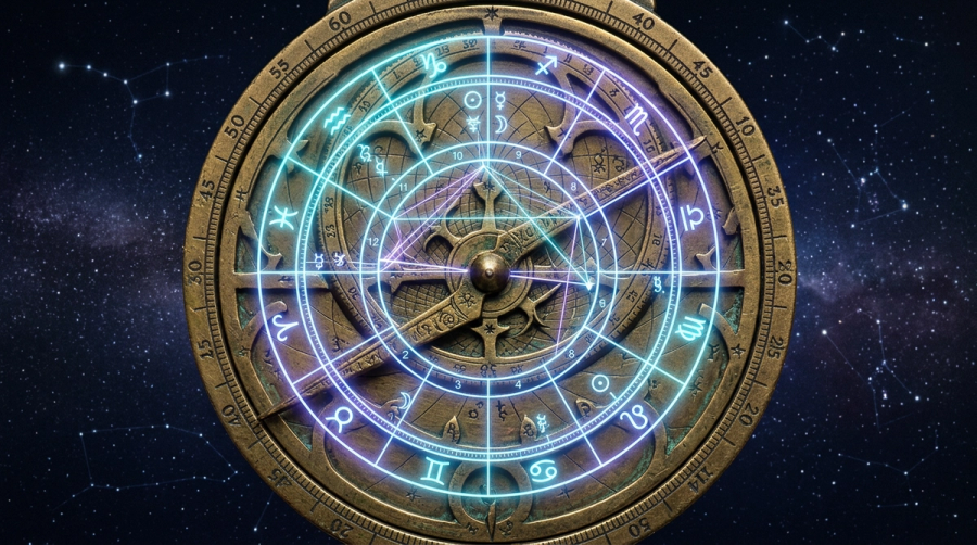 Birth time clock and chart wheel showing the ascendant calculation on the eastern horizon