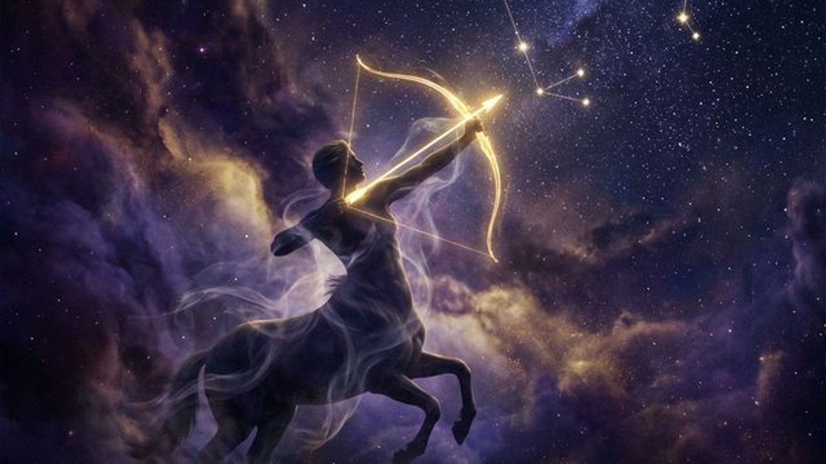 Sagittarius characters illustrated with celestial archer centaur aiming arrow toward stars in cosmic purple and gold sky