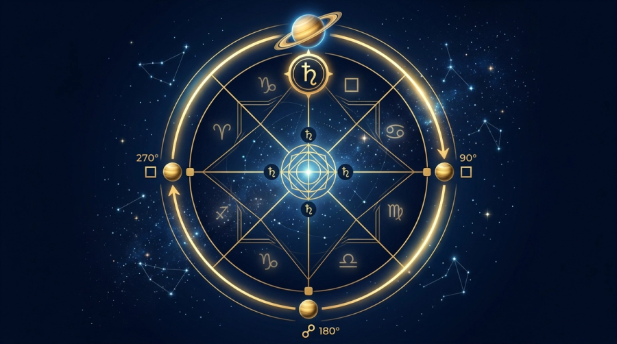 Saturn cycle wheel showing squares and oppositions at key life ages with geometric connections