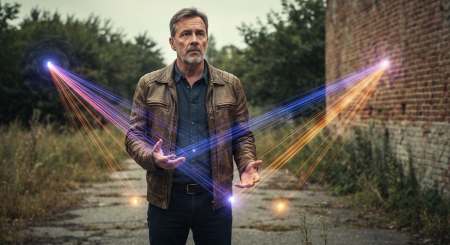 Человек на перекрёстке кармических путей с нитями света между прошлым и будущим