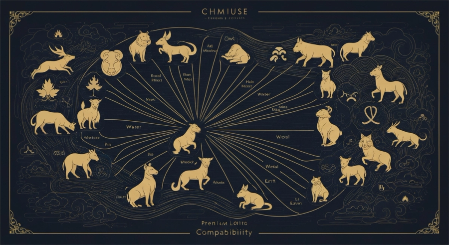 Дракон и феникс на фоне колеса китайского зодиака - символ совместимости пары