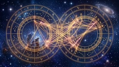 Two overlapping natal charts showing synastry aspects for love compatibility analysis