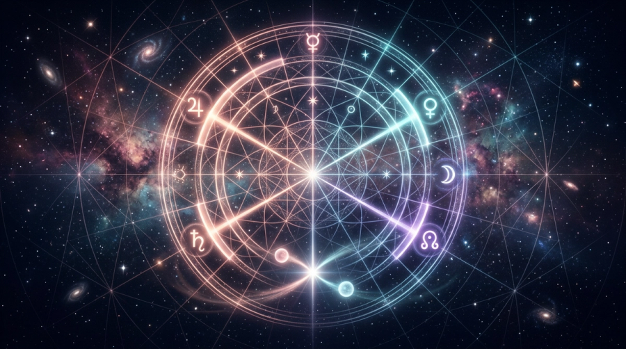Celestial calendar wheel with planetary windows highlighted and two souls converging