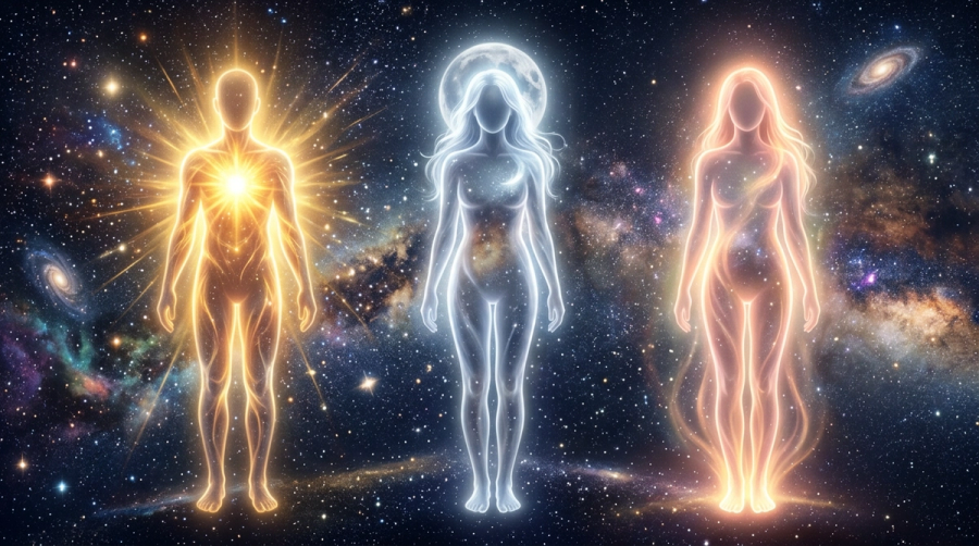 Three glowing silhouettes representing Sun sign, Moon sign, and Rising sign energies
