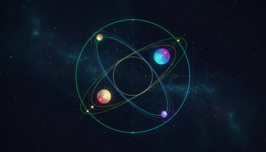 Taurus and Sagittarius glyphs joined by a luminous synastry wheel