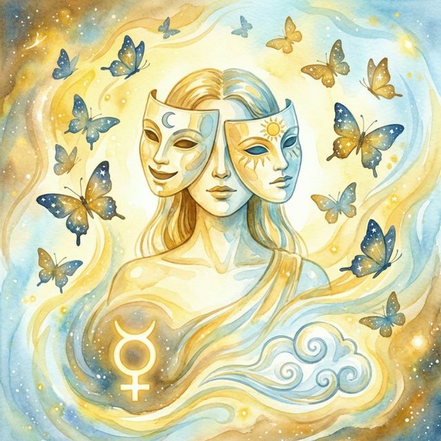 Gemini zodiac woman infographic showing twin duality, air element, Mercury rulership, and playful personality traits