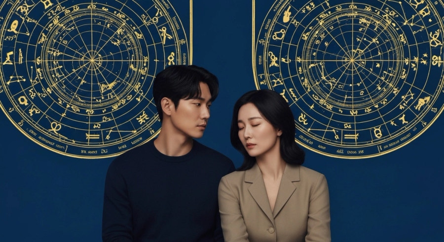 Мужчина и женщина на фоне наложенных астрологических кругов совместимости