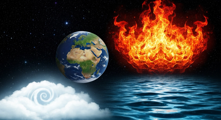 Four zodiac elements fire earth air water with compatibility pairings shown in a cosmic mandala design