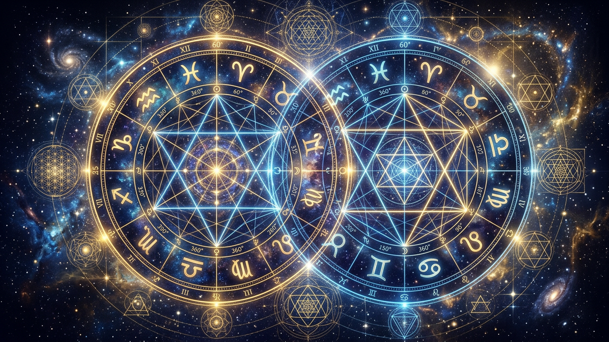 Two overlapping astrology birth charts showing compatibility synastry aspects between partners