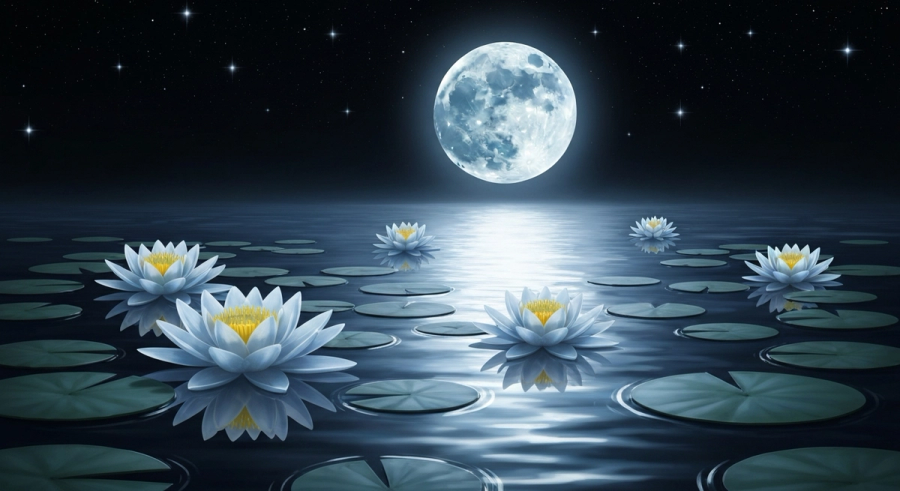 Луна отражается в воде с лотосами - лунная энергия накшатр в ведической астрологии