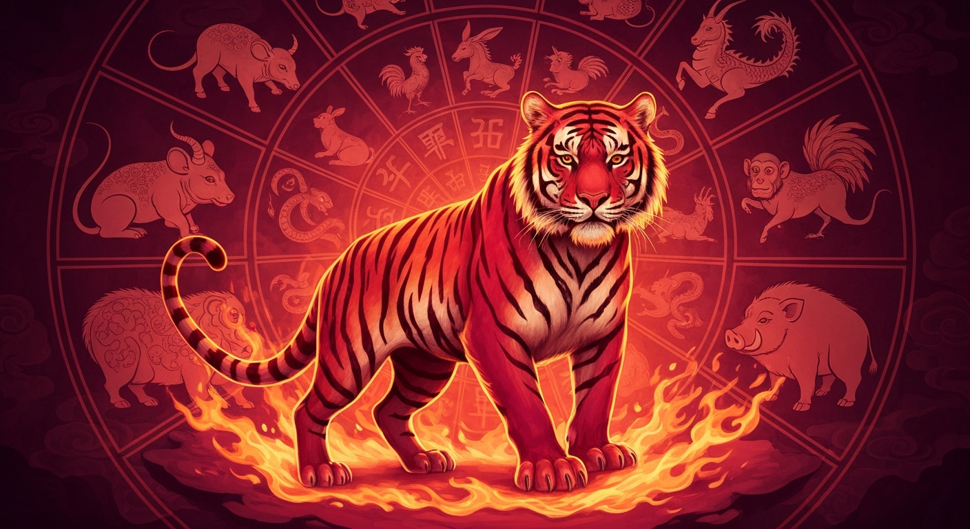 1986 год кого - Огненный Тигр на фоне колеса китайского зодиака с 12 животными