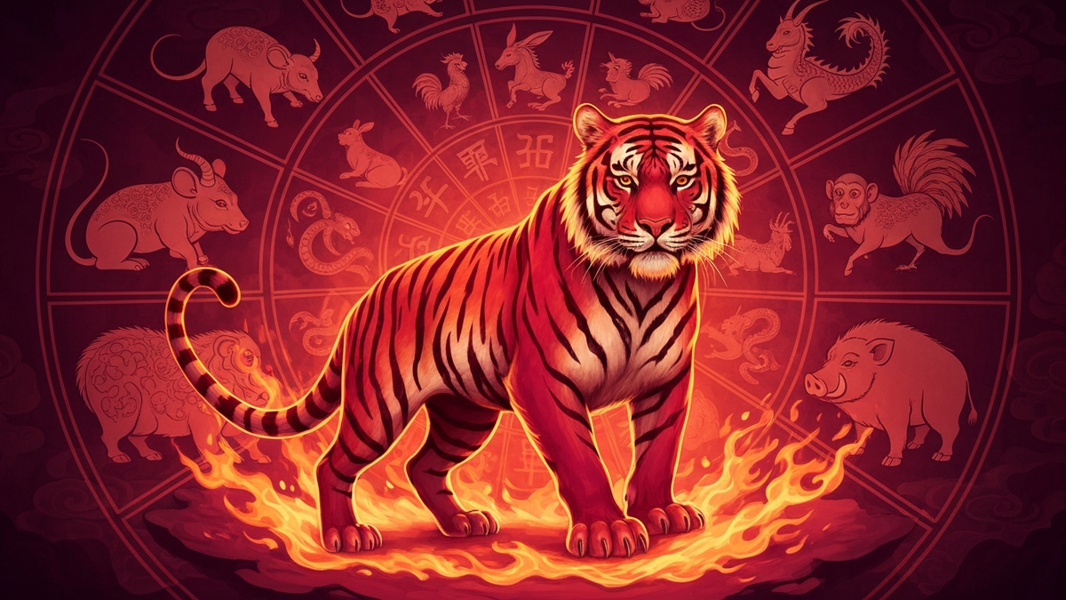 1986 год кого - Огненный Тигр на фоне колеса китайского зодиака с 12 животными