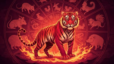 1986 год кого - Огненный Тигр на фоне колеса китайского зодиака с 12 животными