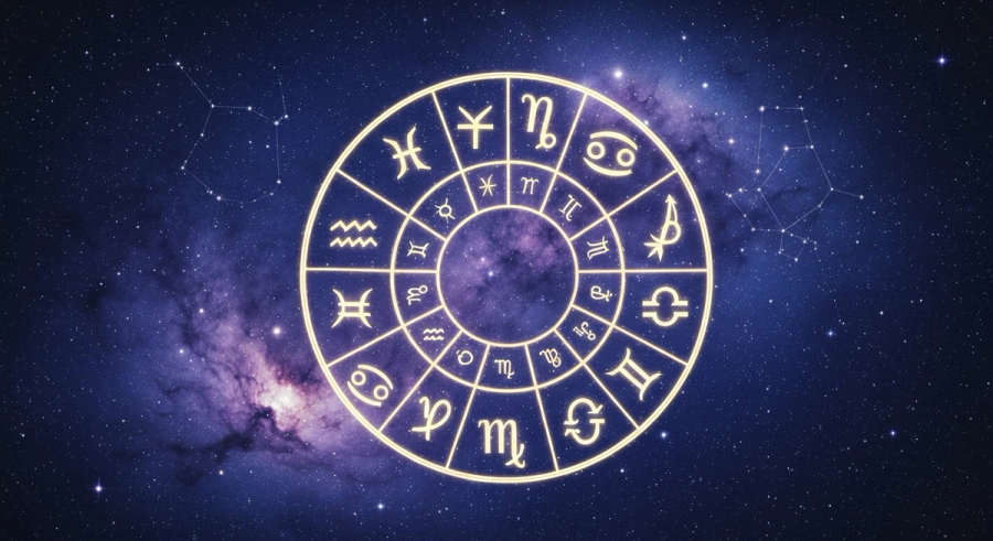 Zodiac wheel showing all 12 astrology signs with symbols dates and element colors