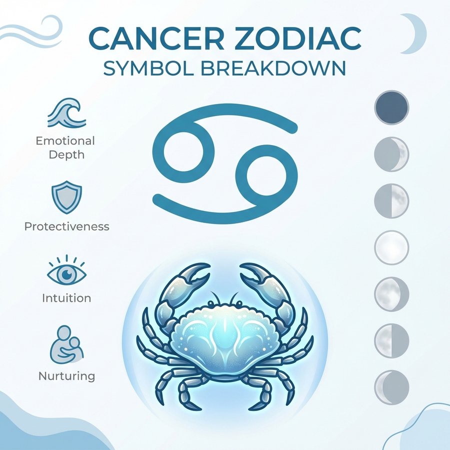 Cancer zodiac symbol infographic explaining the crab glyph, moon connection, and core personality traits