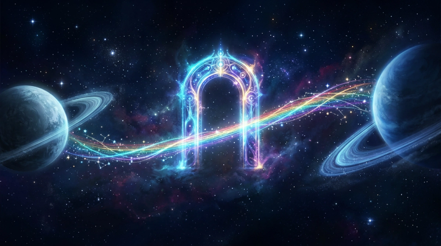Celestial doorway between two ringed planets threaded with rainbow constellation light representing Chiron as bridge