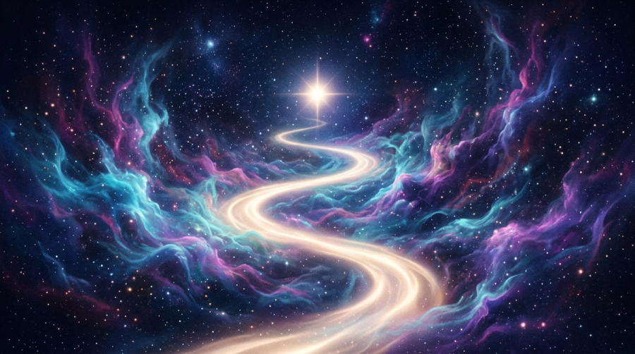 A glowing path of light winding through a blue and purple nebula toward a distant bright star