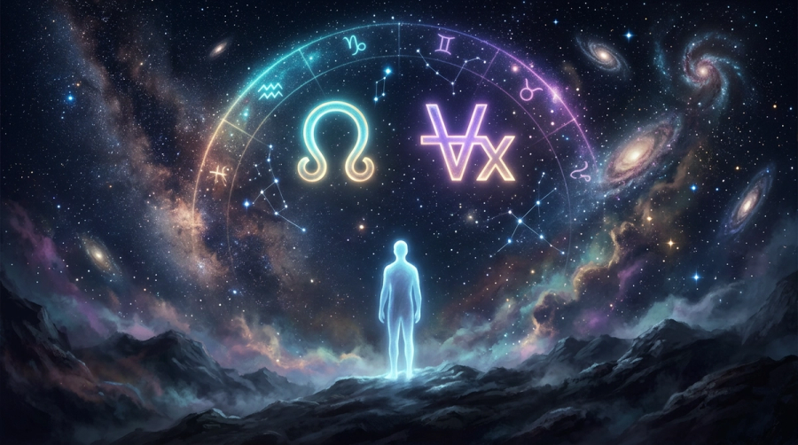 Solitary luminous figure looking up at a starry sky with the North Node and Vertex symbols glowing softly