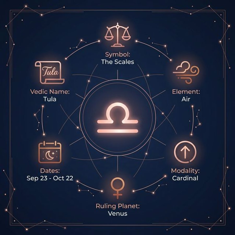 Libra zodiac infographic showing the scales symbol, Venus rulership, air element, and key personality traits