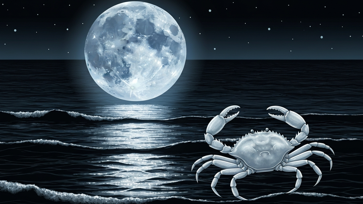 Cancer zodiac crab symbol formed from silver moonlight on calm ocean surface at night