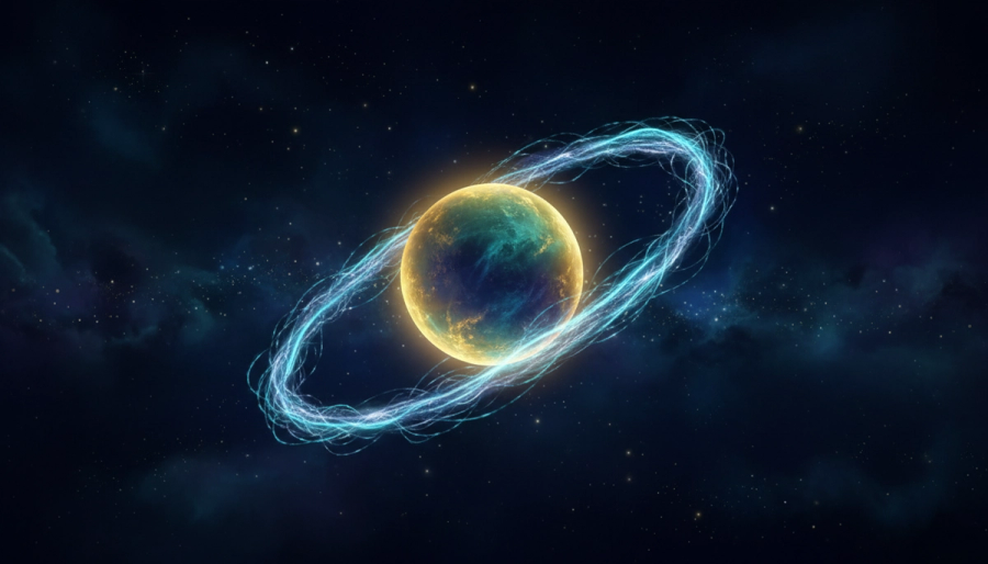 A calm earth constellation surrounded by bright curious cosmic lights