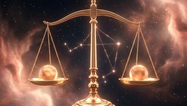 Zodiac libra symbol with golden balanced scales floating in celestial sky surrounded by Venus-inspired rose and copper tones
