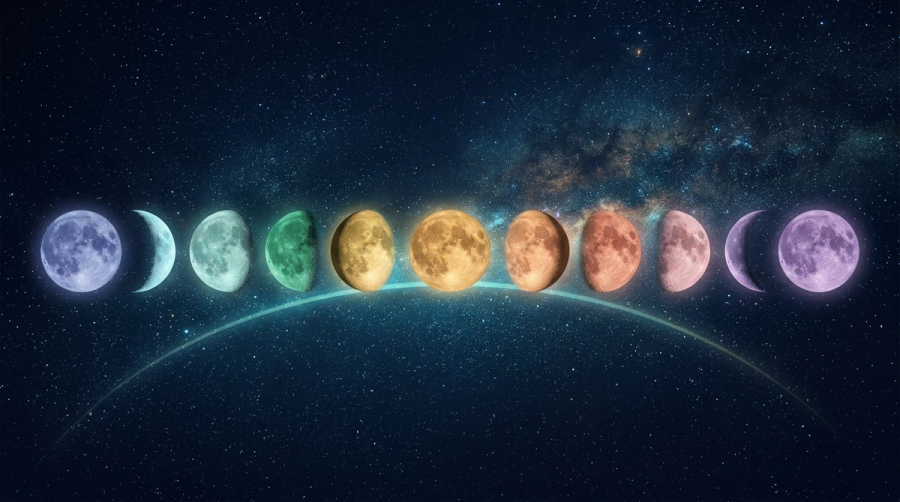 Twelve phases of the moon arced across a starfield representing the moon moving through the zodiac signs