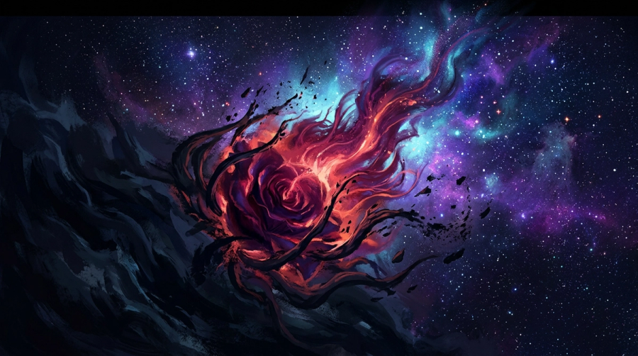 A crimson-violet cosmic flower breaking free from dark tendrils symbolizing reclaimed suppressed power