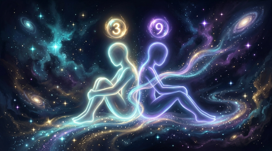 Two figures connected by streams of glowing numbers in deep cosmic blue representing the emotional dynamics of life path numbers