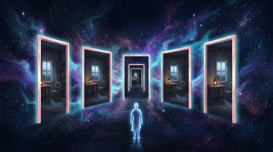 Lone luminous figure facing a row of identical glowing doorways each leading into the same dim room, symbolizing repeated relationship choices