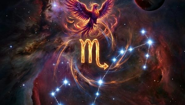 Scorpio zodiac symbol with glowing golden glyph, scorpion constellation, phoenix rising in crimson flames, eagle soaring, and Pluto in deep cosmic setting