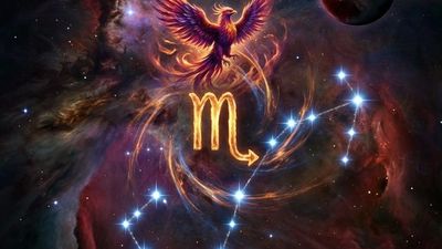 Scorpio zodiac symbol with glowing golden glyph, scorpion constellation, phoenix rising in crimson flames, eagle soaring, and Pluto in deep cosmic setting