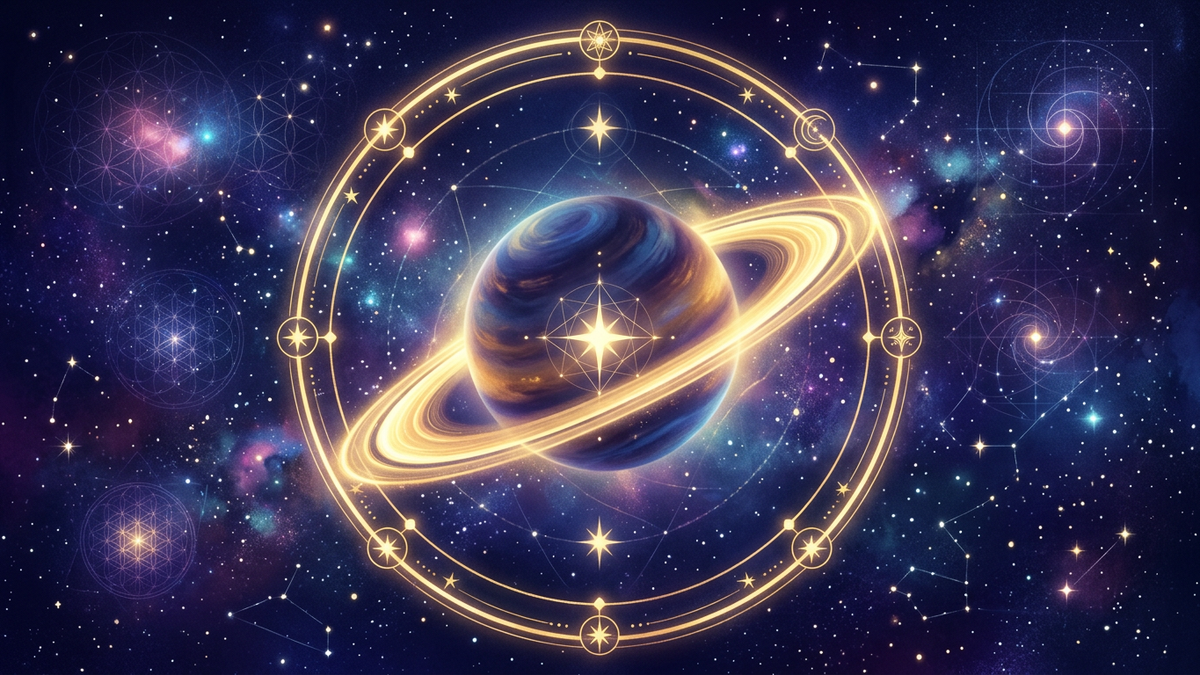 Saturn with golden rings orbiting through a cosmic starfield representing the Saturn return cycle