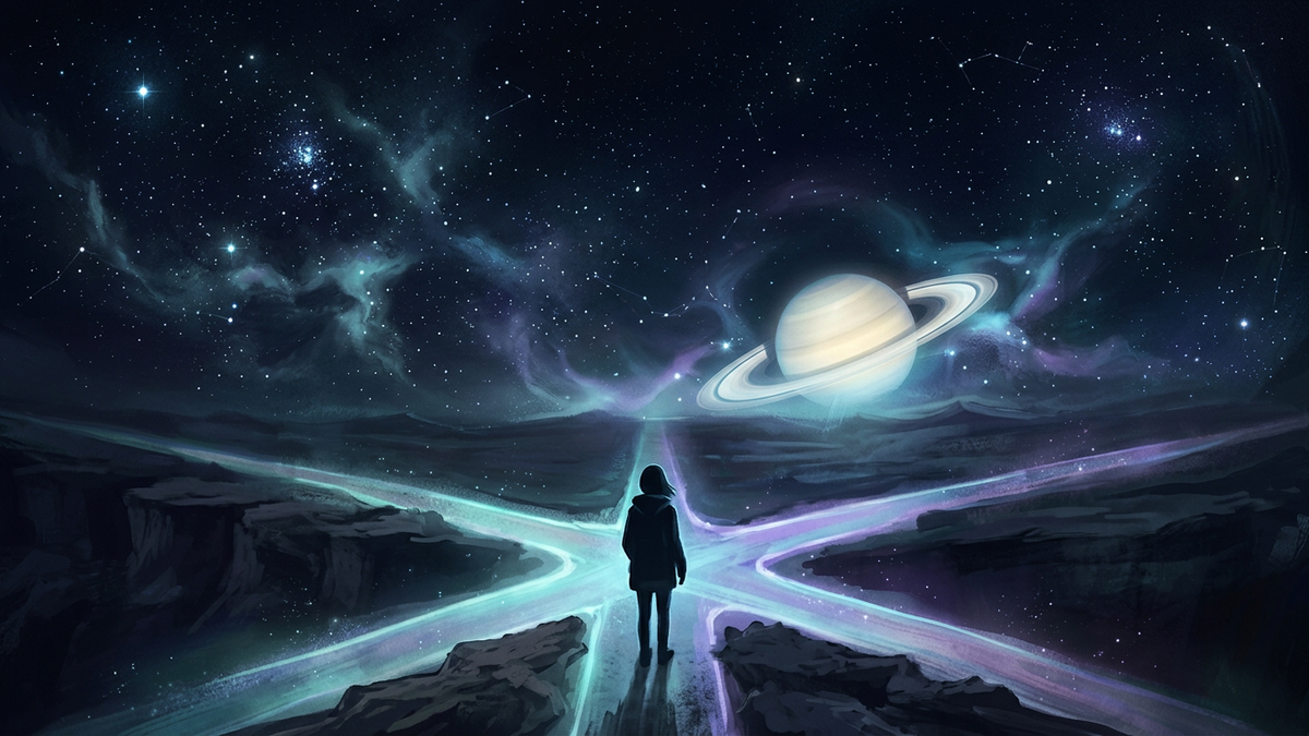 A solitary figure standing at a cosmic crossroads beneath Saturn, the Moon, and the lunar nodes representing quarter life crisis astrology