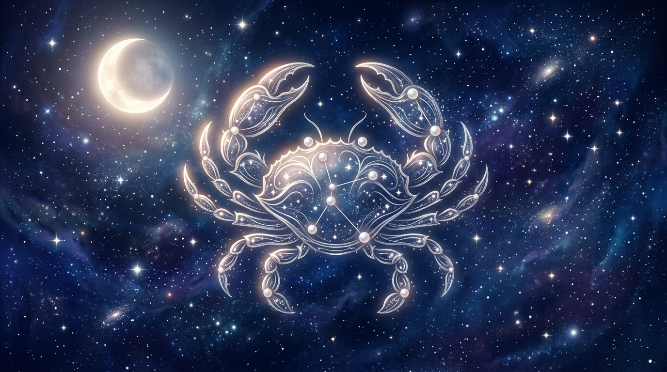 Cancer man personality — crab constellation in silver and pearl representing emotional depth and intuition