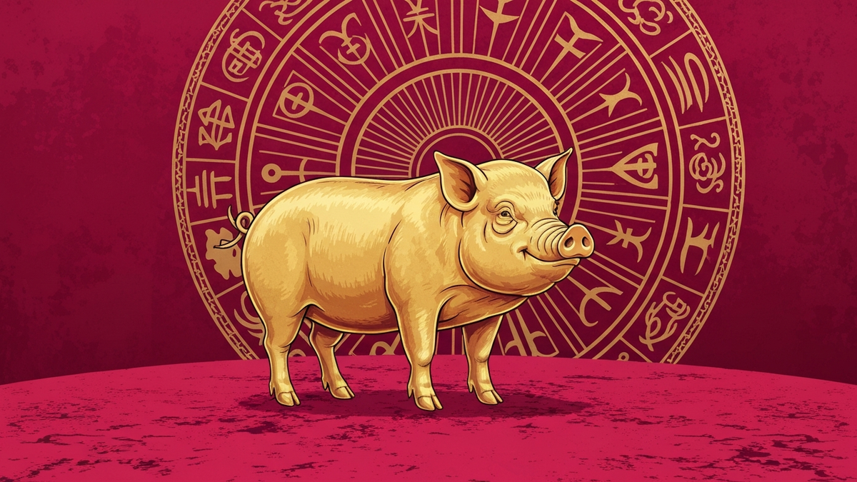 1959 год кого - Земляная Свинья на фоне колеса китайского зодиака