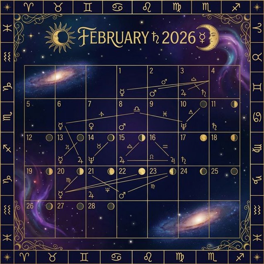 Астрологический транзитный календарь февраля 2026 - планетарные аспекты и даты
