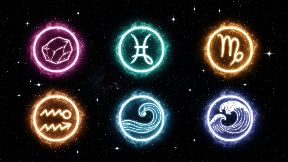 Four zodiac elements fire earth air water represented as flame mountain wind and wave on cosmic background