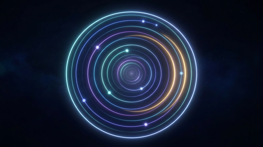 Glowing concentric orbital rings like a celestial clock with one warm golden segment highlighted