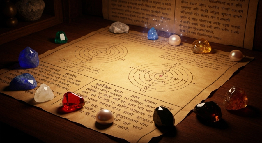 Древний манускрипт с ведическими нумерологическими расчётами и кристаллами девяти планет