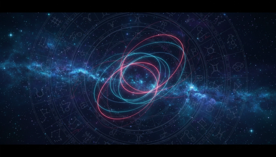 Abstract astrology chart connecting fire and earth symbols with measured light