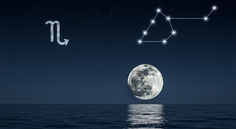 Full moon reflecting on dark ocean water with Scorpio constellation representing emotional depth